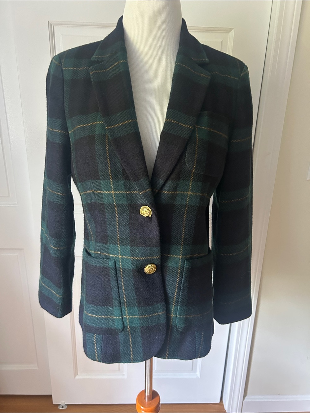 C. Wonder Navy and green windowpane Plaid Wool Blazer with gold crest buttons.